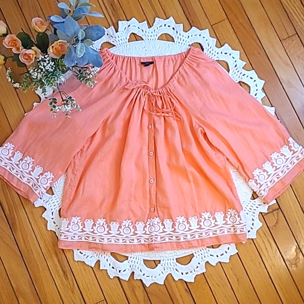TALBOTS Petite M 100% Linen Coral Women's Blouse